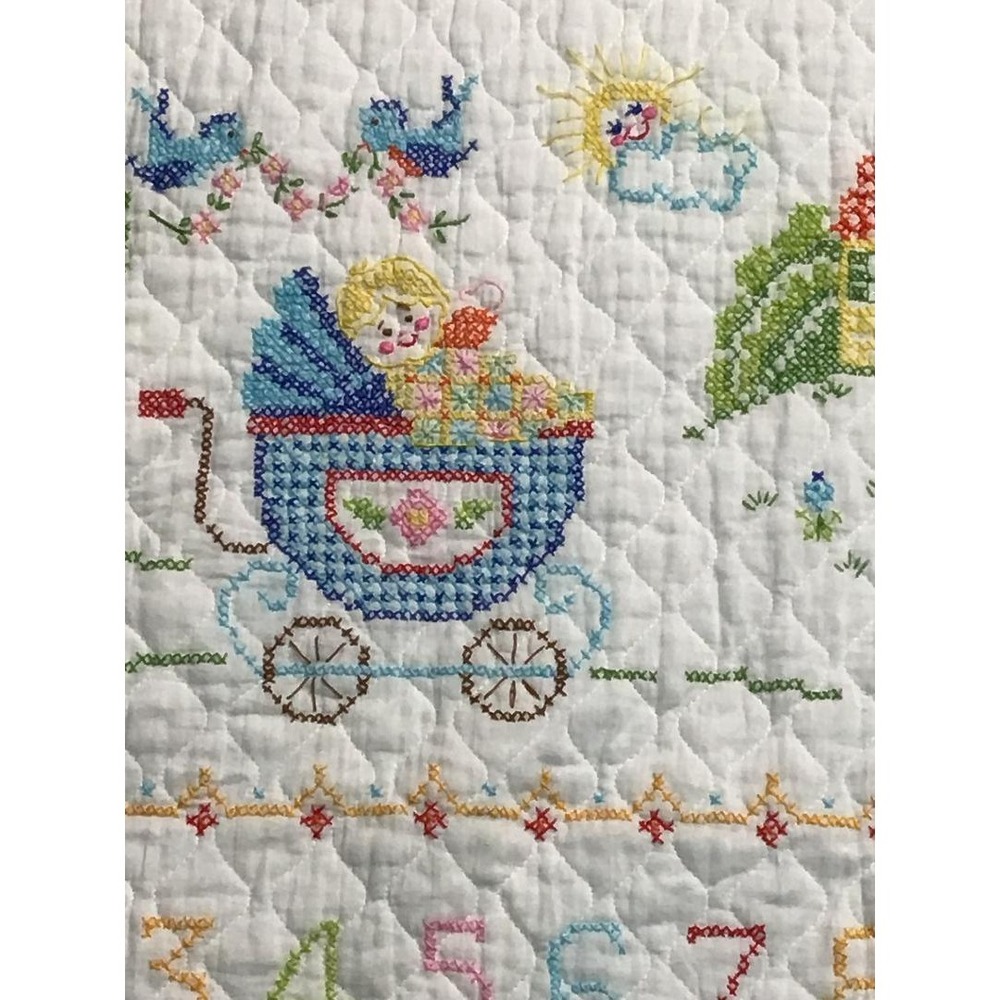 Vintage Hand Cross Stitch Baby Crib Quilt Alphabet ABC Nursery Sampler 34x57 - Picture 11 of 12